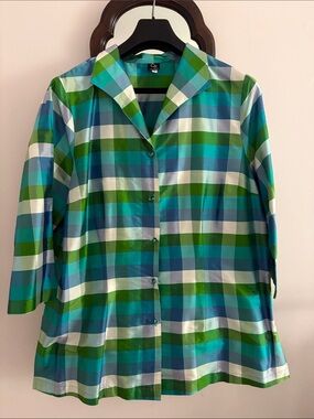 Connie Roberson Plaid Button-Front Green & Blue Women's Silk Taffeta Big Shirt